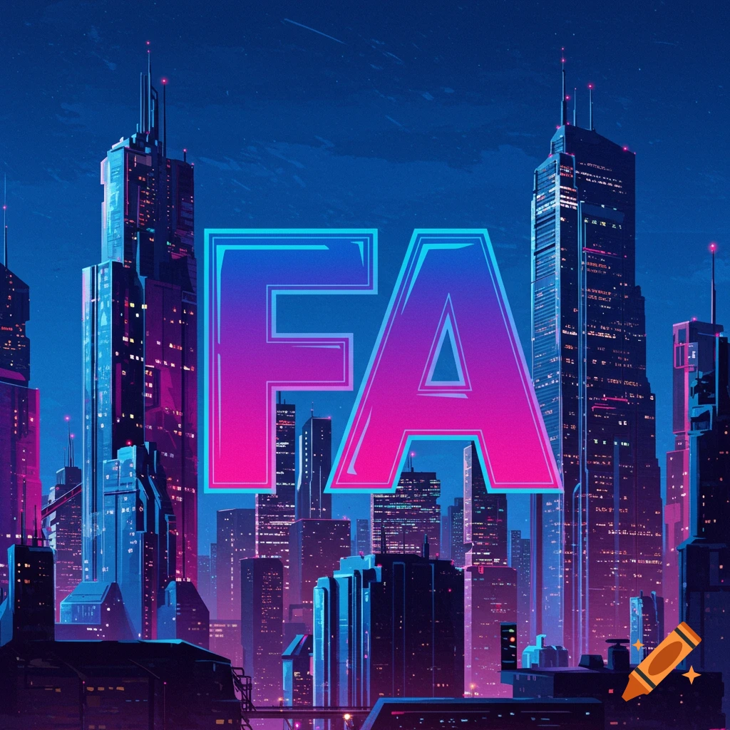 Large neon gradient letters "FA" superimposed over a futuristic cyberpunk city skyline at night.