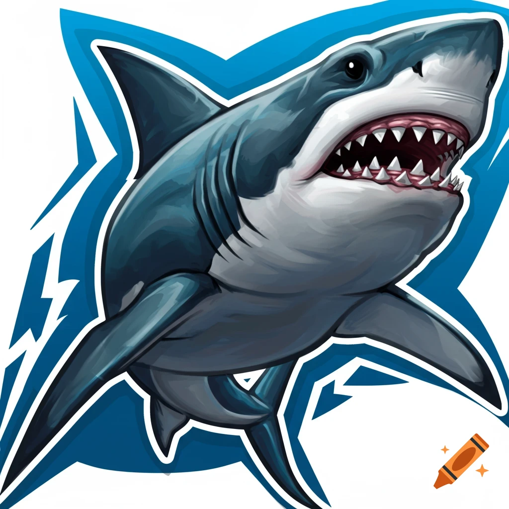Stylized digital illustration of a shark with jaws open on a blue background.