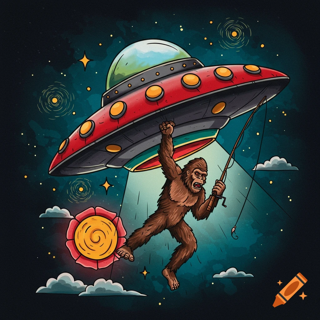 Cartoon illustration of Bigfoot hanging from a UFO in space, fishing, in American traditional tattoo style.