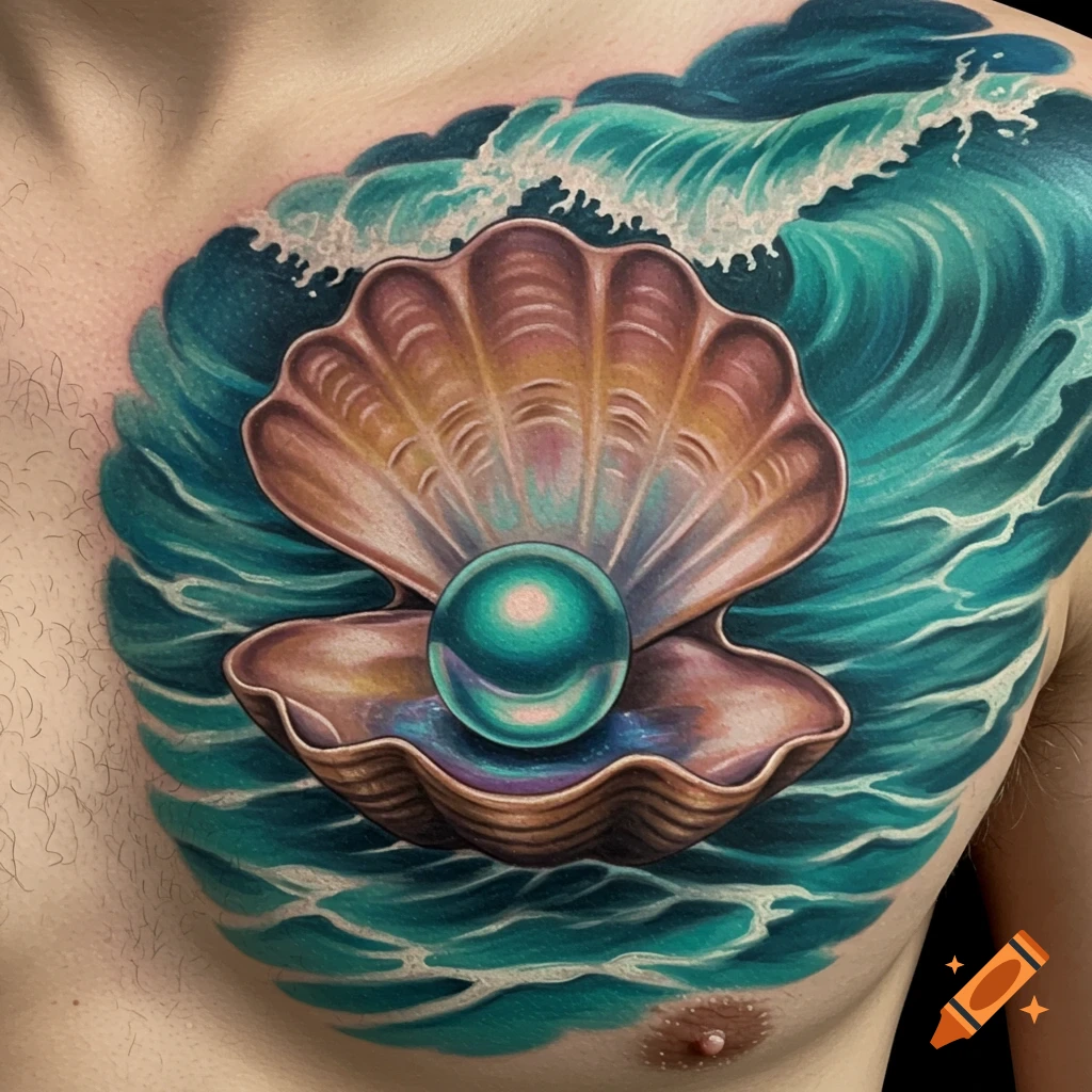 Chest tattoo of an open shell holding a pearl, surrounded by blue ocean waves.