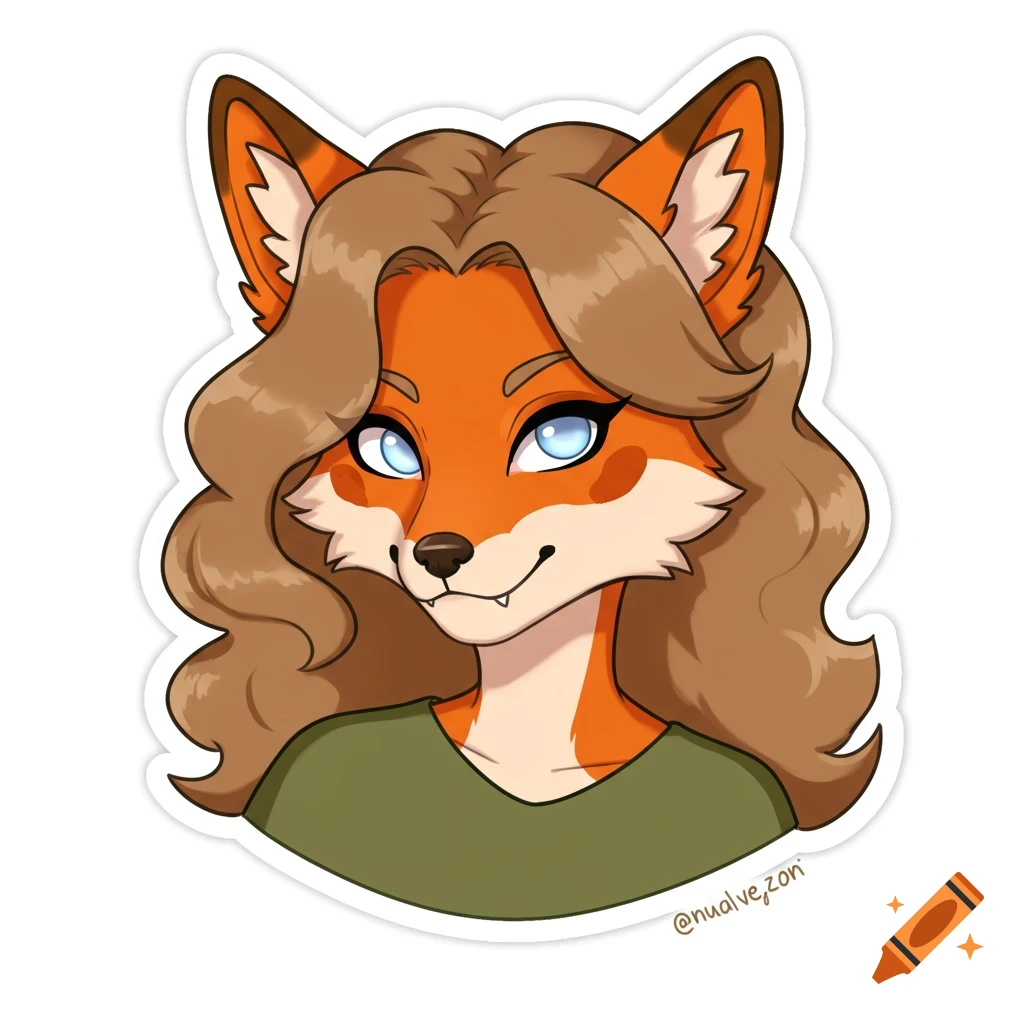 Cartoon sticker of an anthropomorphic fox woman with wavy brown hair and blue eyes, wearing a green shirt.