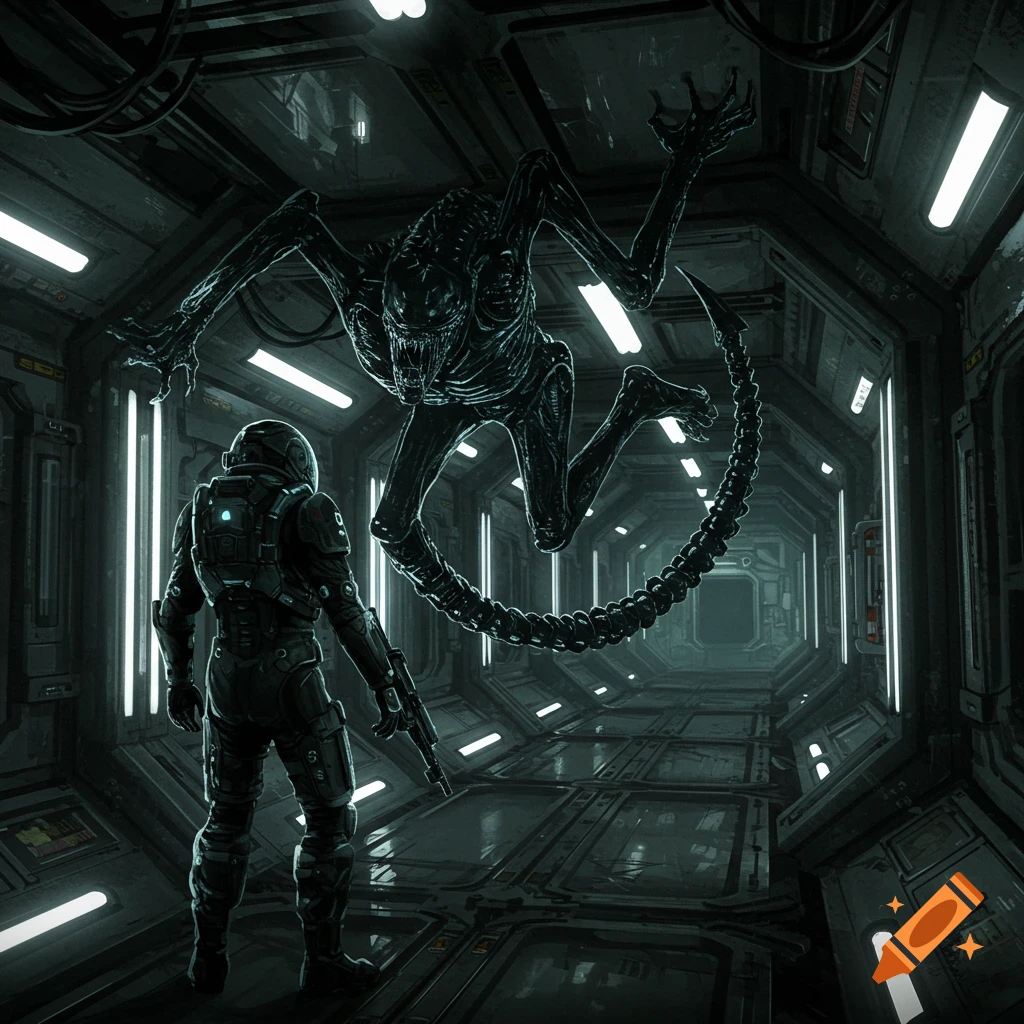 A space marine faces a xenomorph-like alien monster in a dark spaceship corridor.