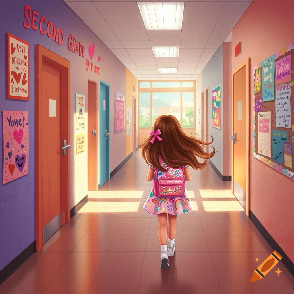 A girl with a pink bow and backpack walks down a colorful school hallway.