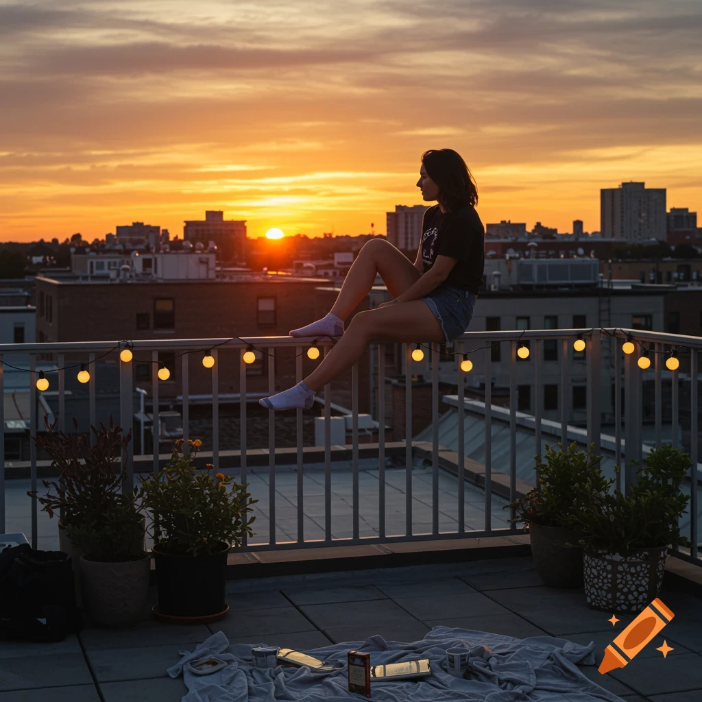 A person sits on a railing on a rooftop overlooking a city skyline at sunset.