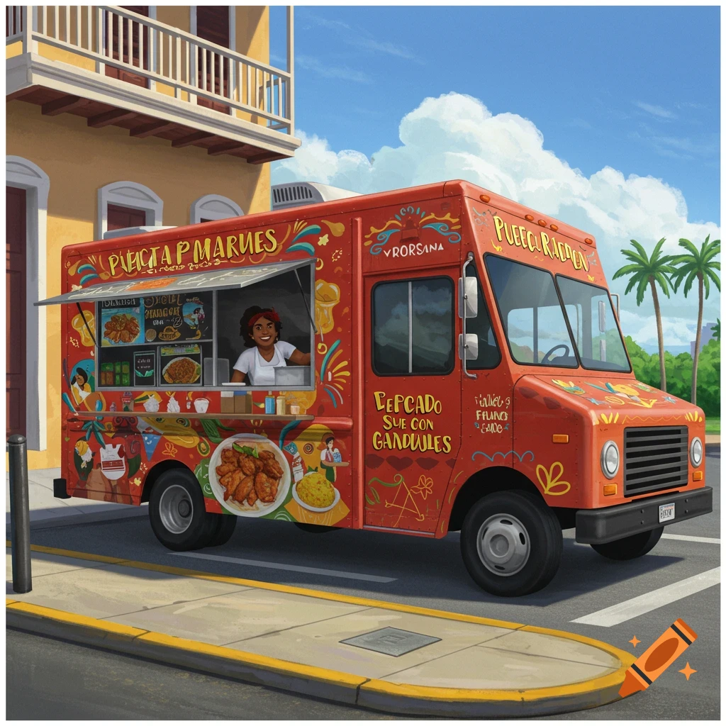 A bright orange food truck on a street with a person serving food.