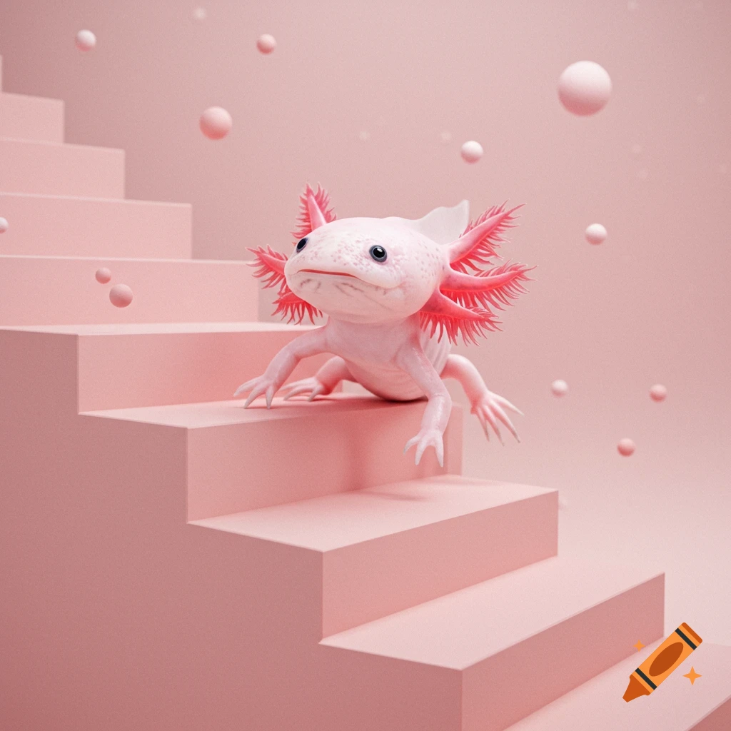 A cute pink axolotl sits on pink stairs with floating pink spheres.
