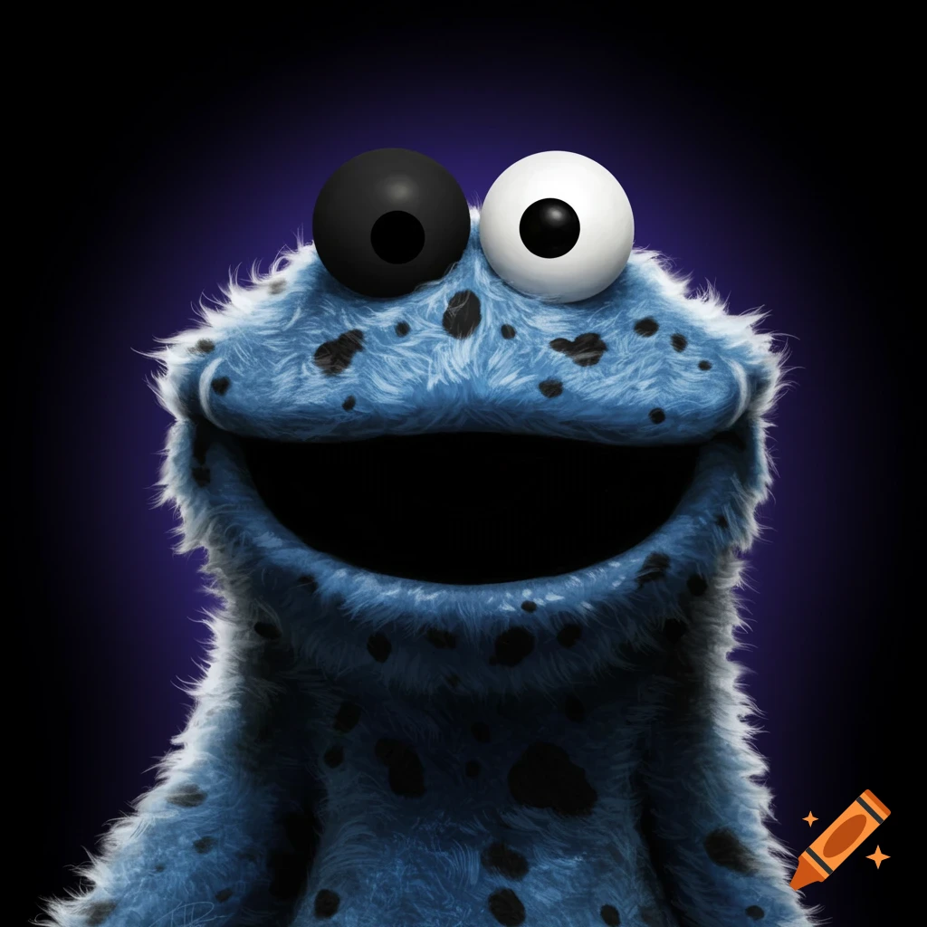 Close-up of a blue furry puppet with black spots, big googly eyes, and a wide smile against a dark background.