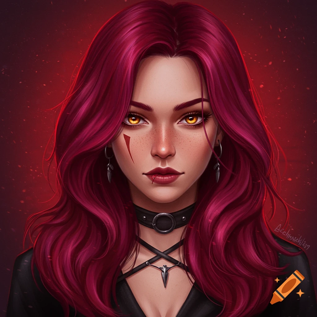 A portrait of a woman with red hair, glowing yellow eyes, and a scar on her cheek.