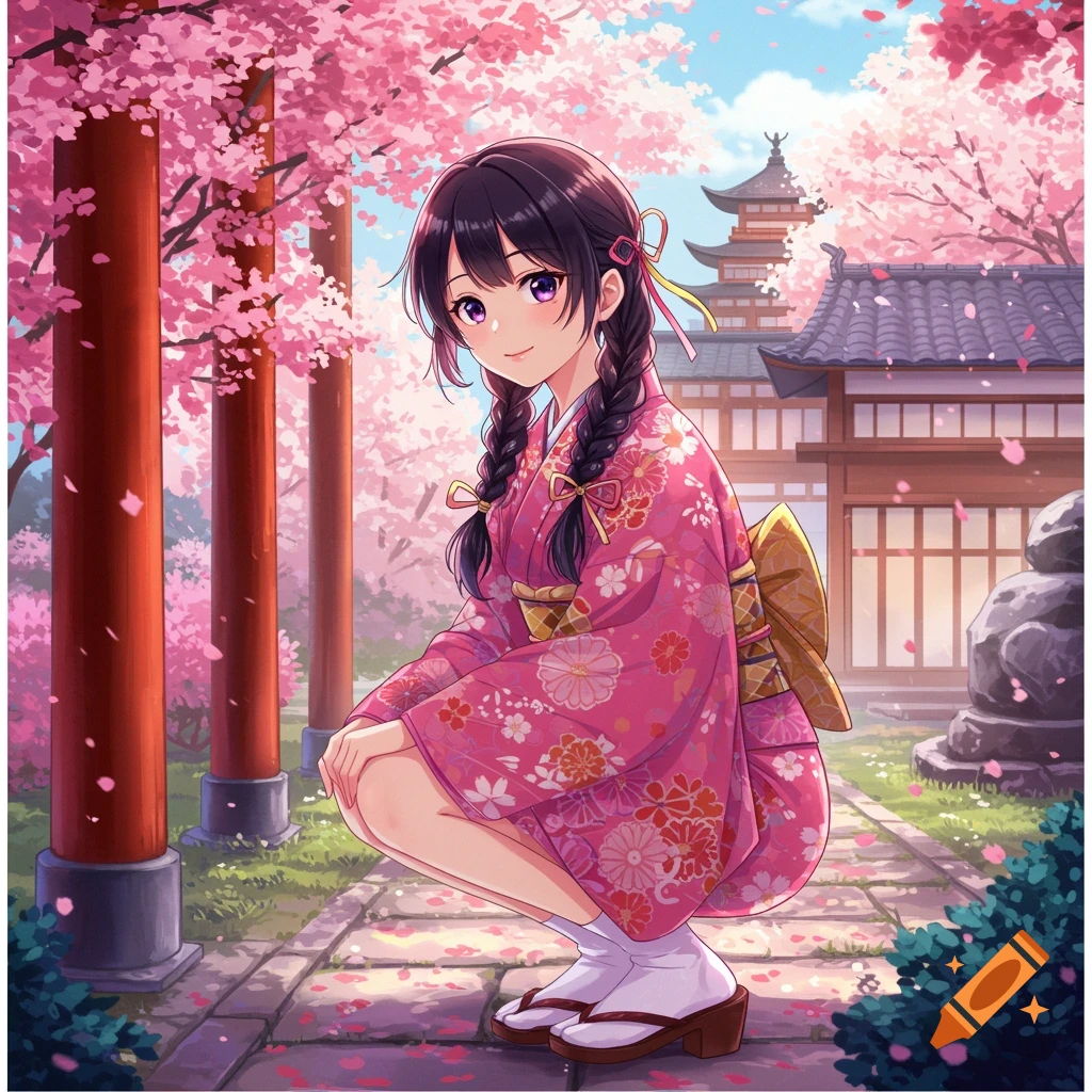 Anime girl in pink kimono squats in a Japanese garden with cherry blossoms.