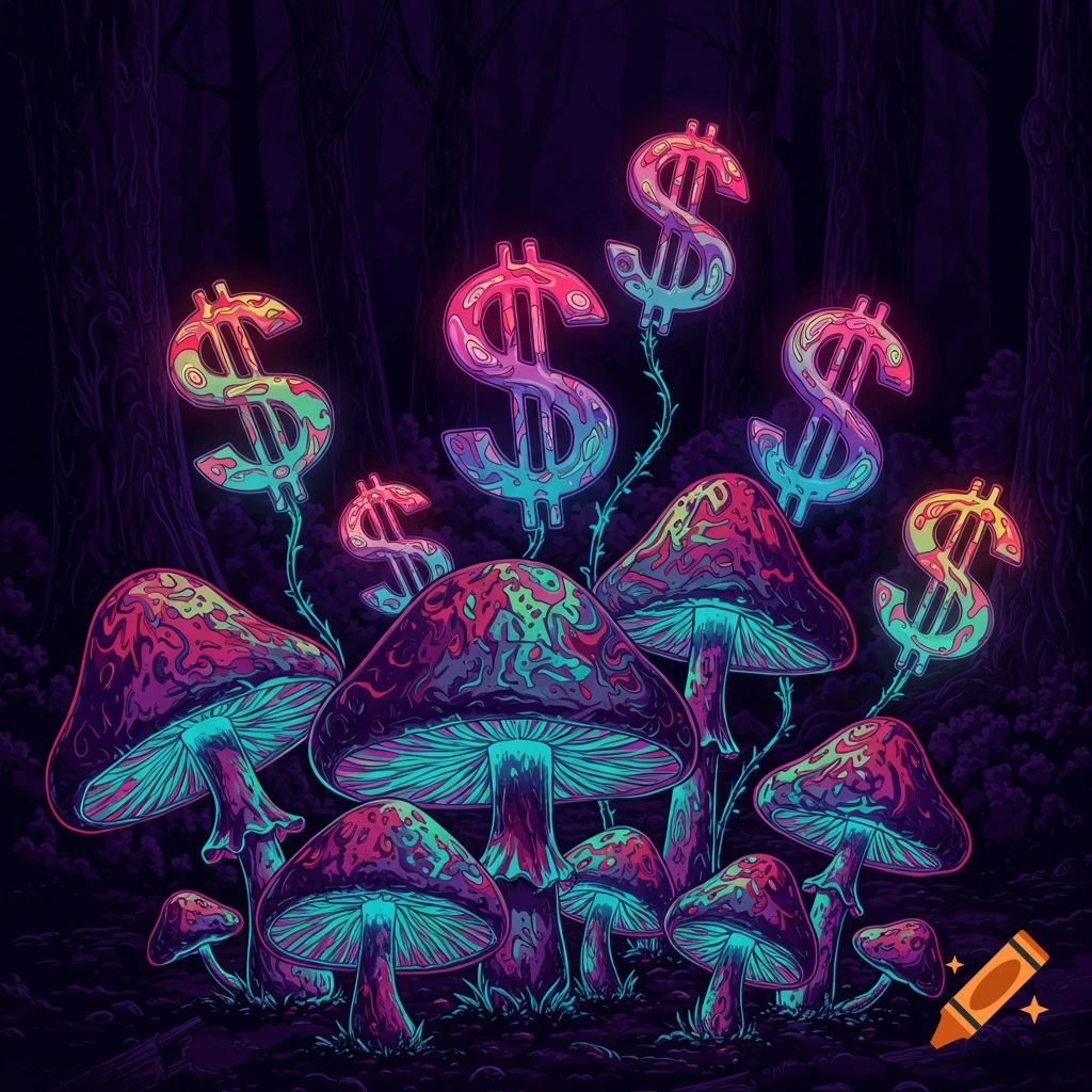 Psychedelic cartoon of dollar signs growing out of mushrooms in a dark forest.