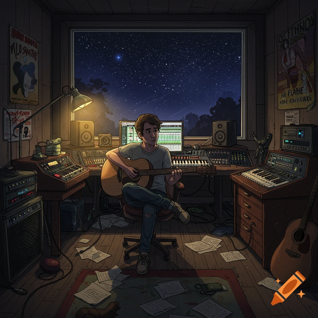 An illustration of a man playing guitar in a dimly lit music studio filled with equipment, scattered papers, and posters. A starry night sky is visible through a large window.
