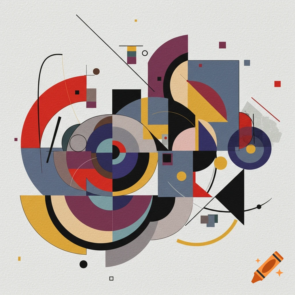Abstract geometric art in the style of Kandinsky with circles, squares, and triangles.