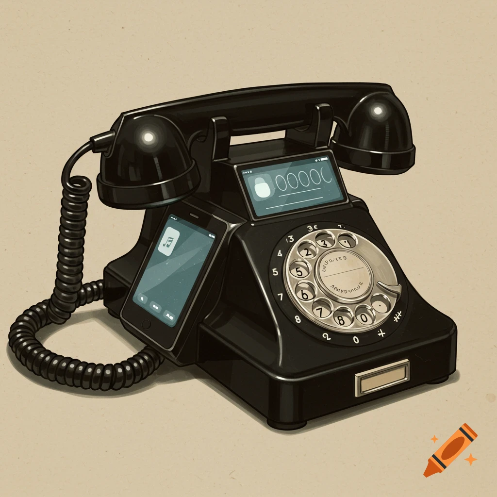 A black rotary phone with modern smartphone screens integrated.