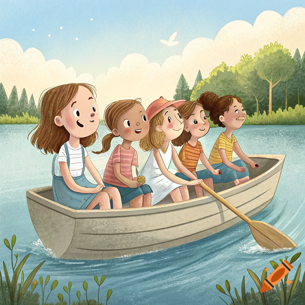 Illustration of five girls in a rowboat on a lake.