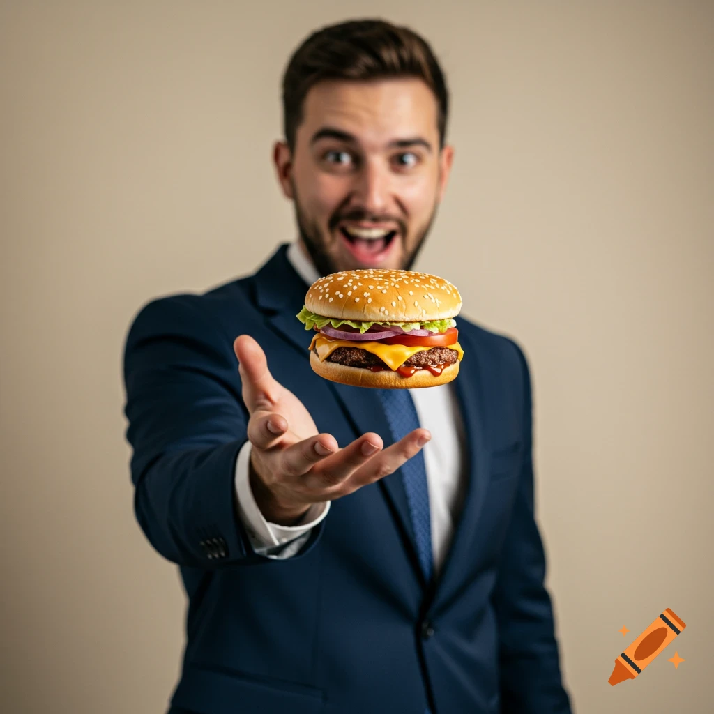 Man in a suit presents a floating hamburger.