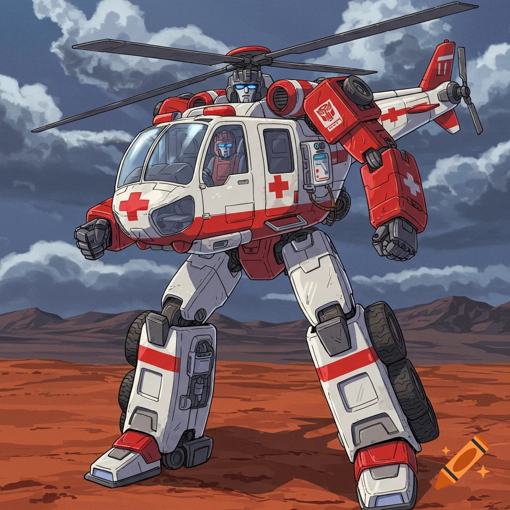 A white and red medical helicopter transformer robot standing in a desert landscape.