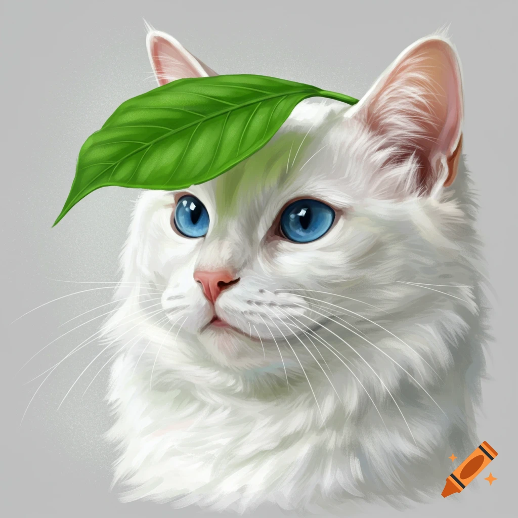 A white cat with blue eyes has a green leaf on its head.