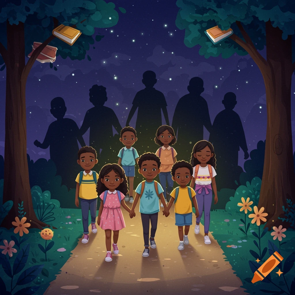 Cartoon illustration of diverse children walking hand-in-hand down a forest path at night, with large shadows behind them and floating books in trees.