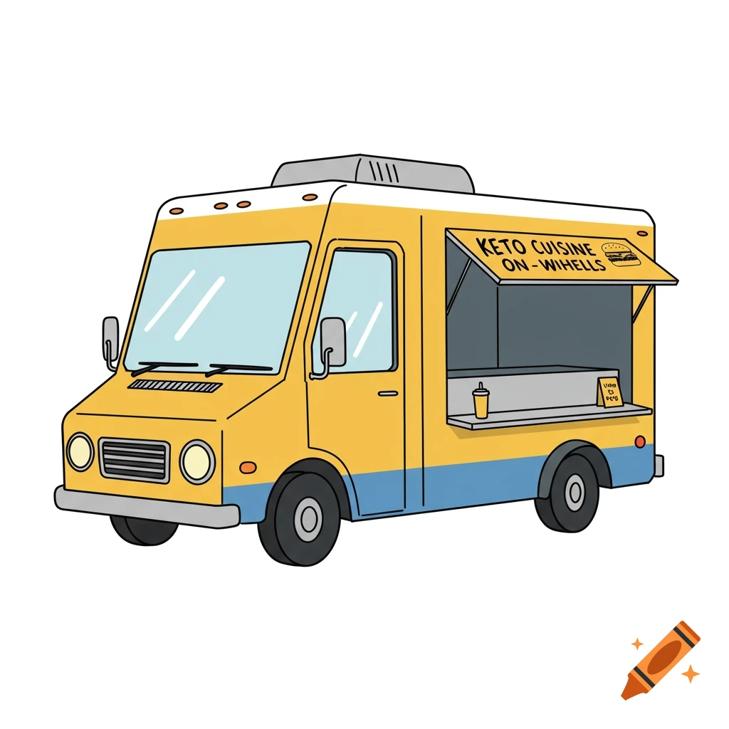 A simple cartoon illustration of a yellow and blue food truck with a sign that says 'Keto Cuisine'.