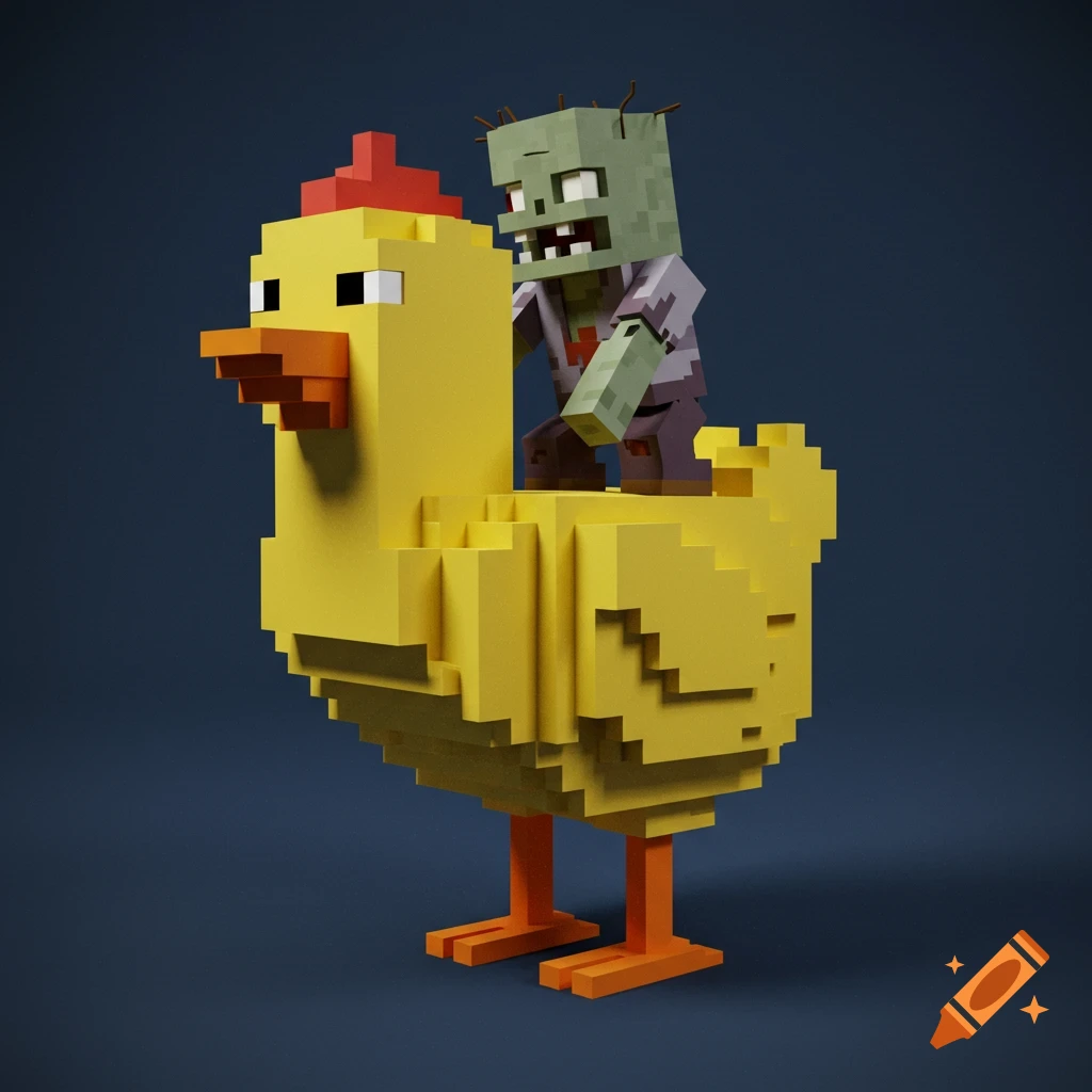 A blocky zombie rides on the back of a large, blocky yellow chicken.