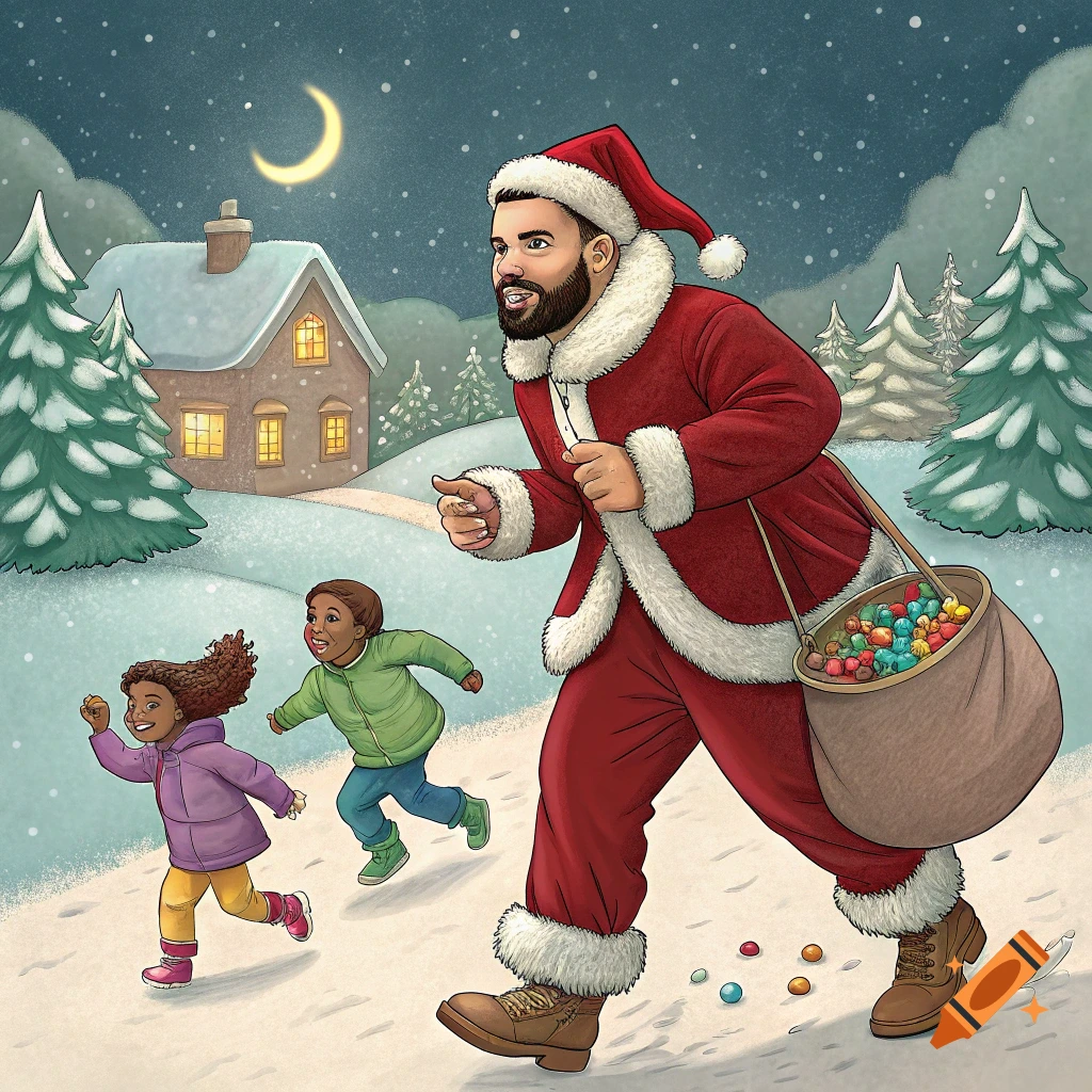 Illustration of Santa (Drake) running with children in a snowy Christmas scene, dropping candy.