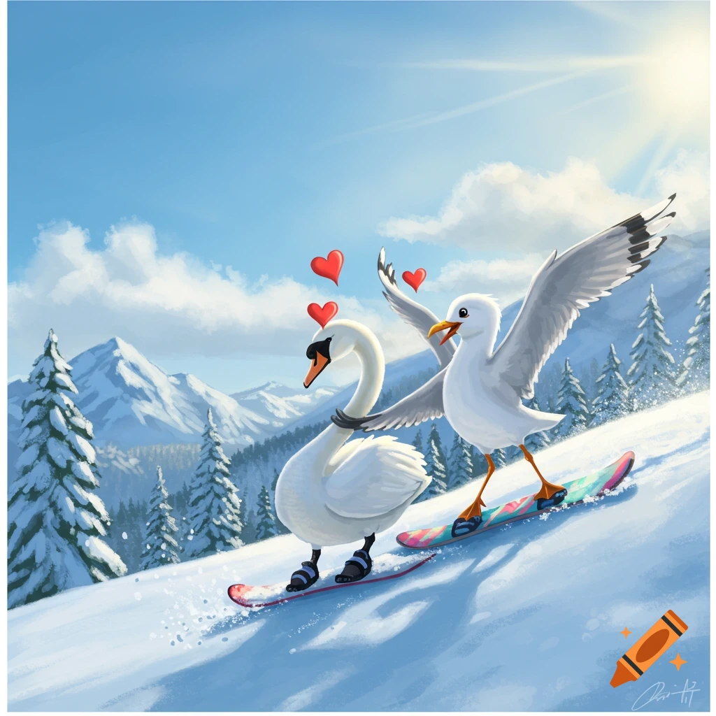 A swan and a seagull snowboarding down a snowy mountain slope with hearts overhead.