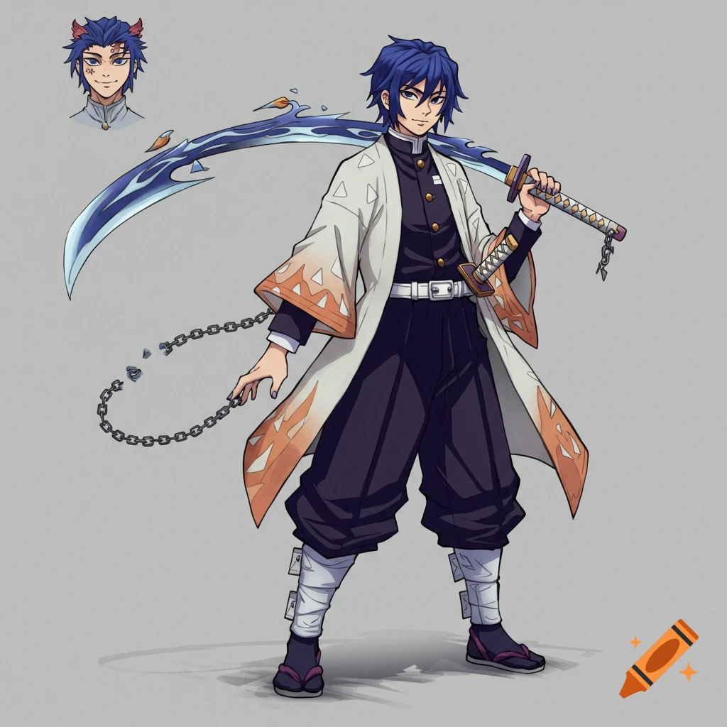 Anime style male character in traditional Japanese clothing with a unique chain katana, standing in a dynamic pose.