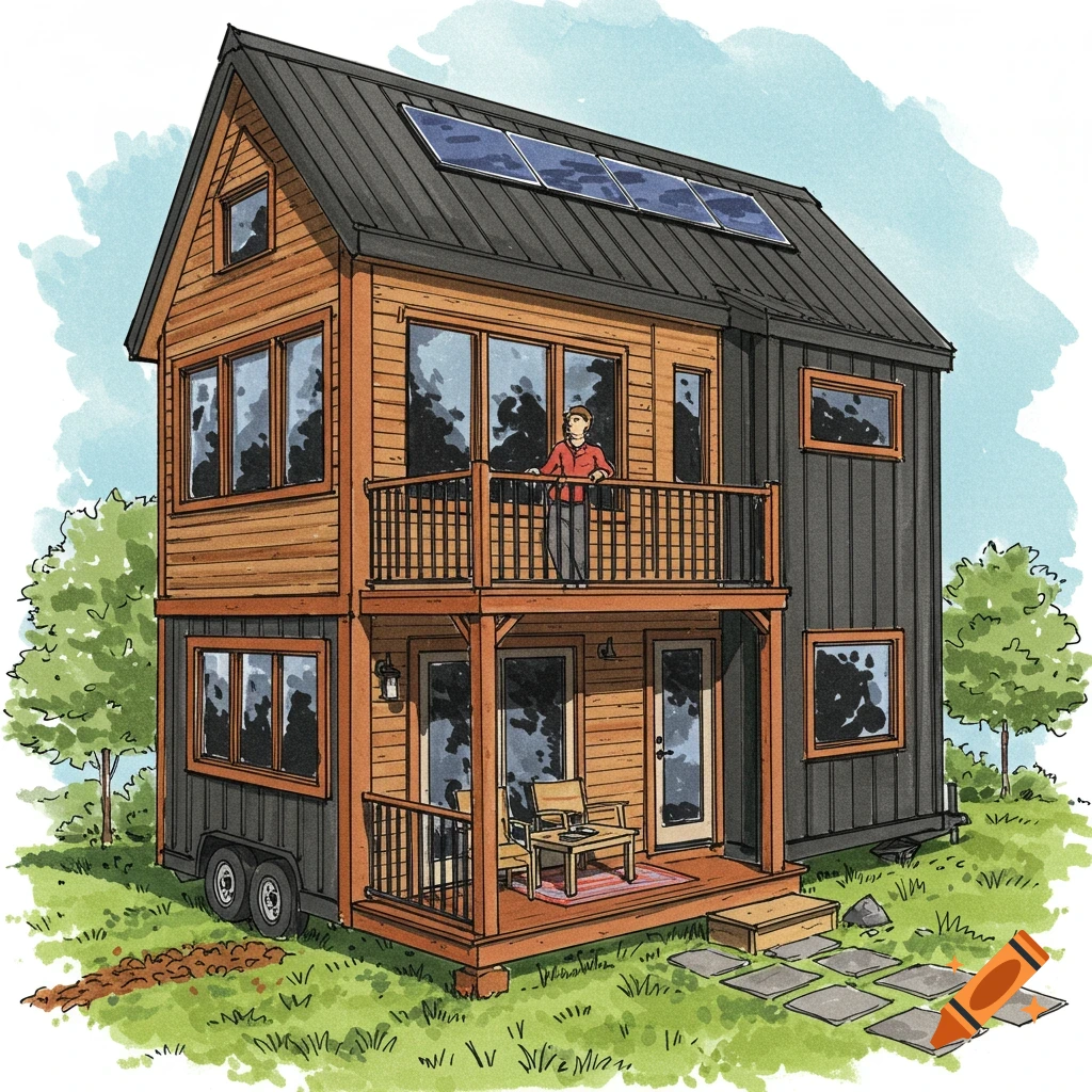 Two-story tiny home with a balcony and solar panels.
