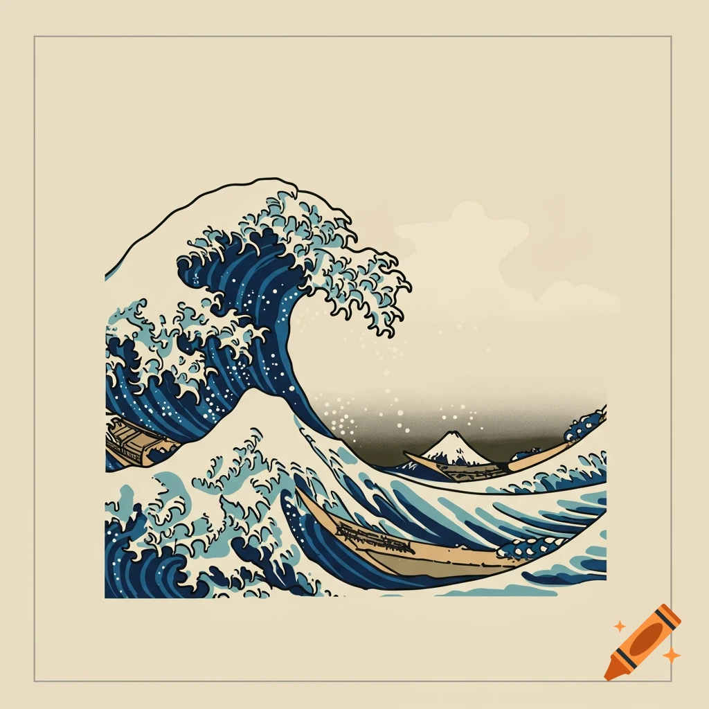 Stylized Japanese woodblock print of a large wave cresting over boats with a mountain in the distance.