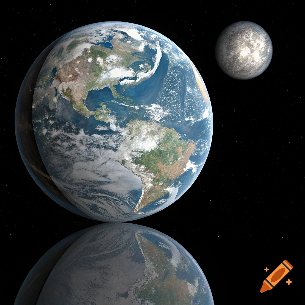 Render of Earth reflecting below it, with the Moon in the background, against a black space.
