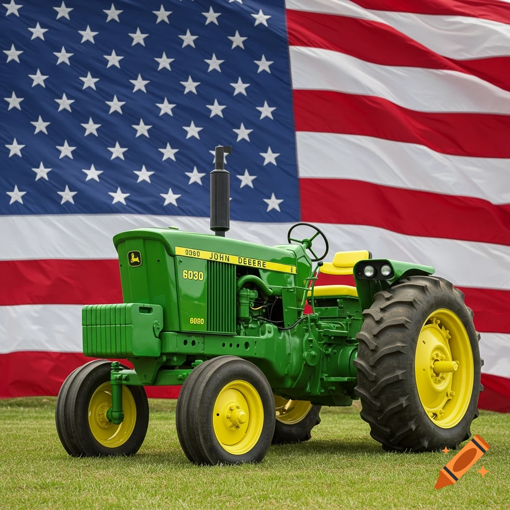 Green John Deere tractor on grass in front of a large American flag