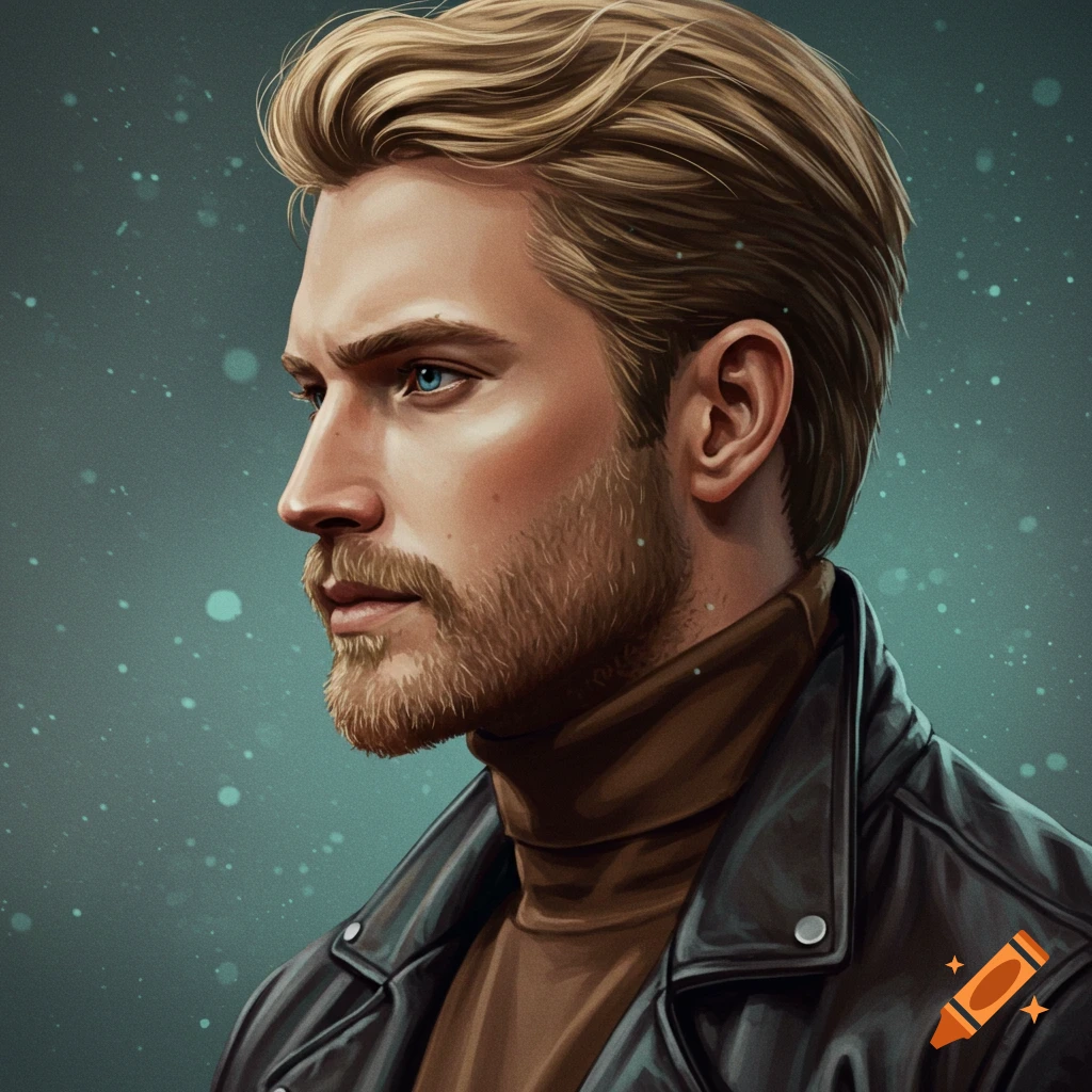 Portrait of a handsome blonde man with a beard in a leather jacket.
