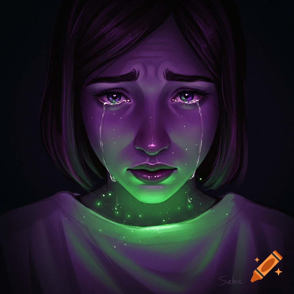 A crying person with glowing purple skin and green light