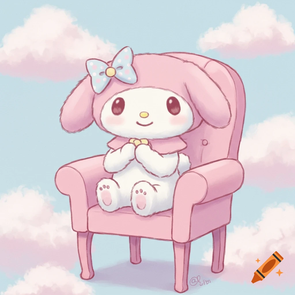My Melody sitting in a pink chair among pink clouds in the sky.