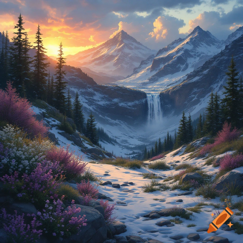 Mountain landscape with waterfall, snowy path, trees, and flowers at sunset.