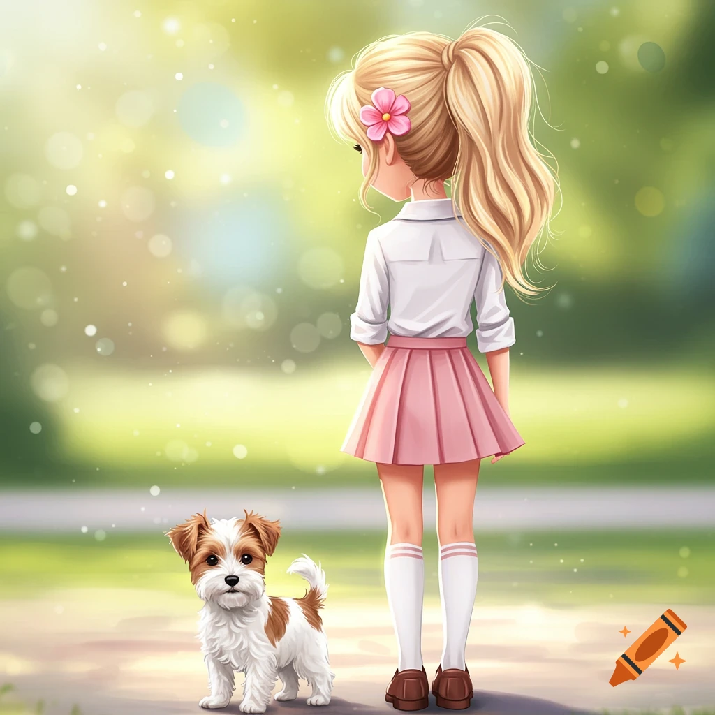 A girl with a ponytail and pink skirt standing with a terrier puppy in a sunlit park.