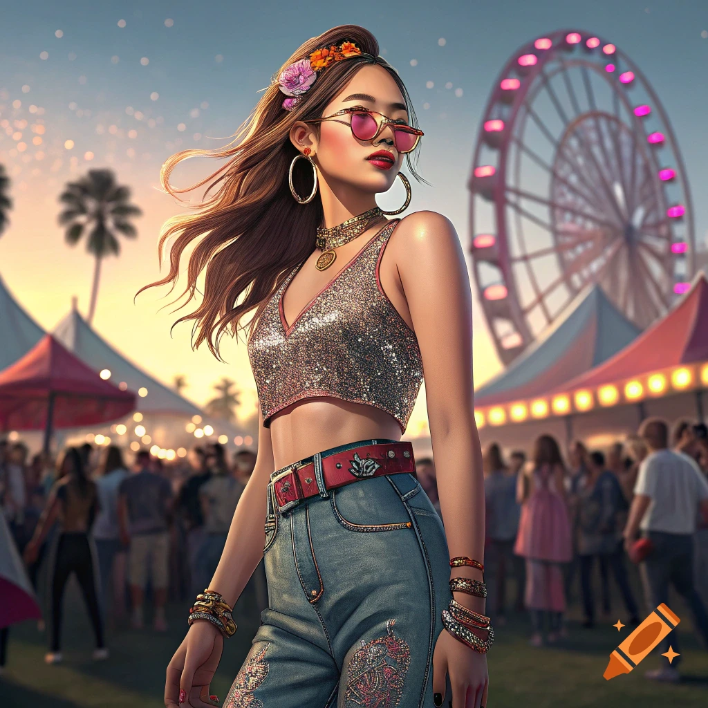A young woman in festival attire stands at a music festival at sunset, with a crowd and Ferris wheel in the background.
