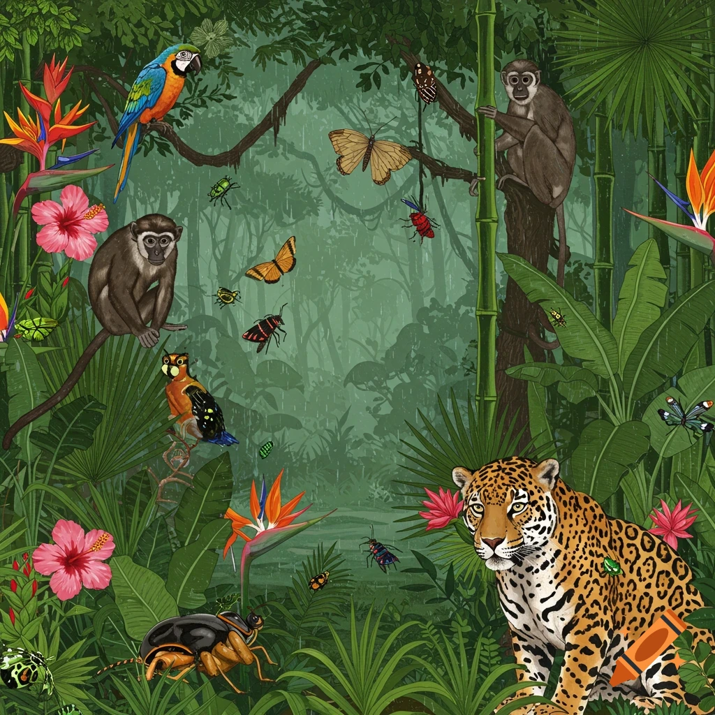 Digital illustration of a lush rainforest with a jaguar, monkeys, a parrot, birds of paradise, hibiscus flowers, and insects among bamboo and trees.