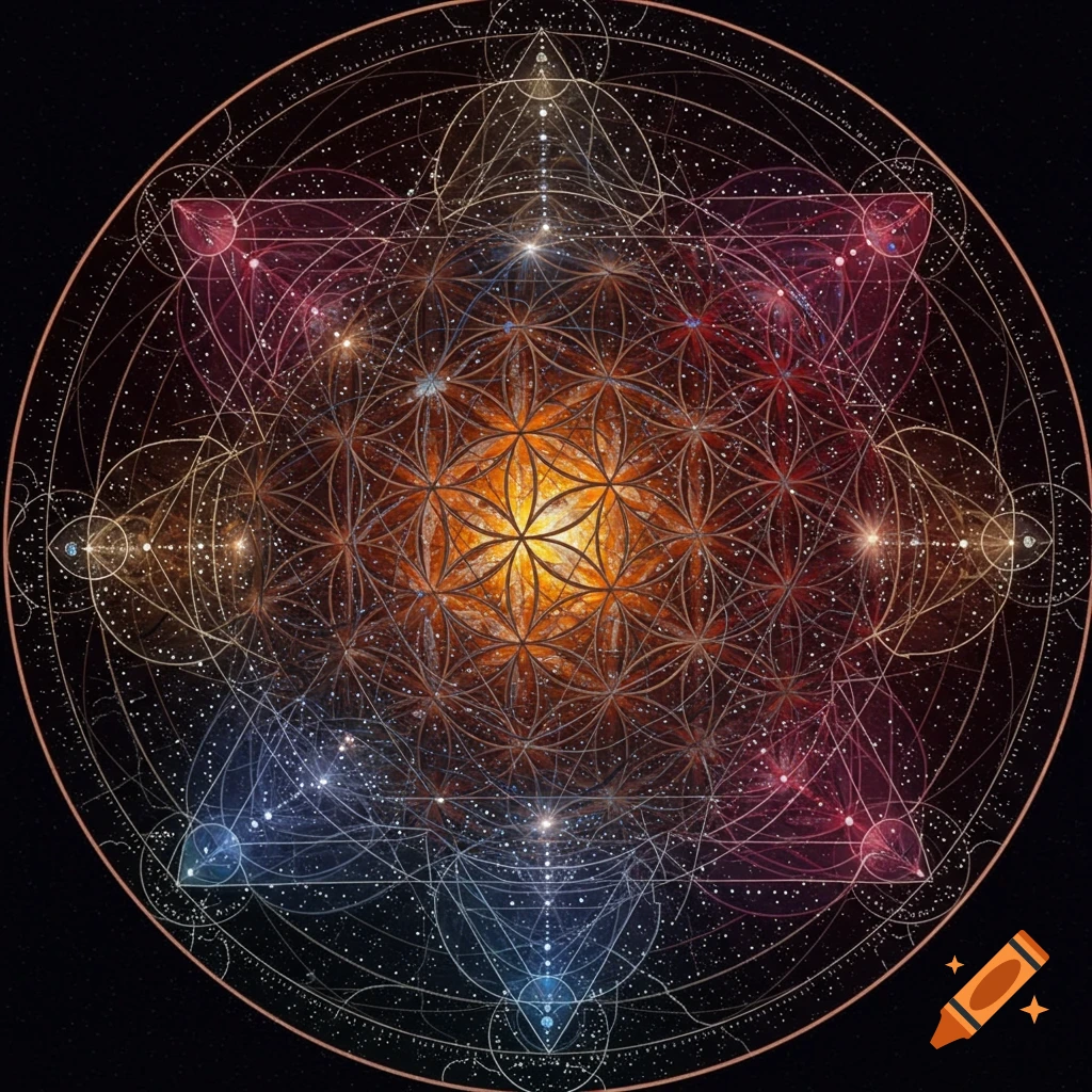 Abstract image of complex sacred geometry overlaid on a starry space background with glowing lights.
