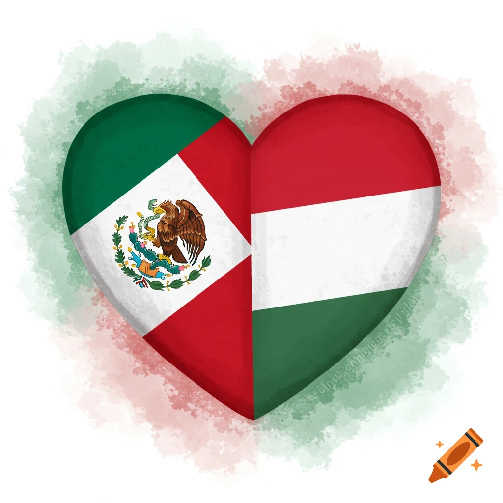 A heart shape split between the Mexican flag on the left and the Hungarian flag on the right.