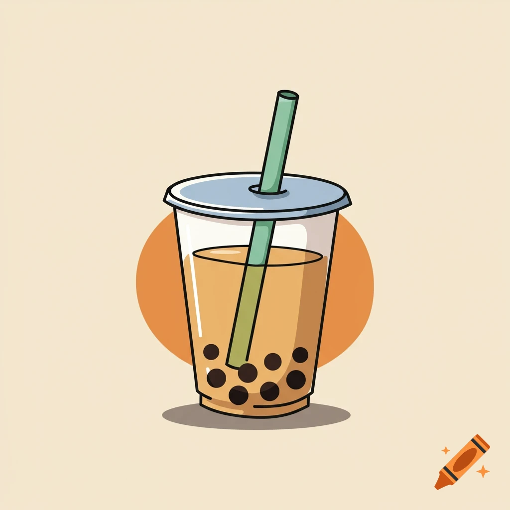 Vector illustration of a boba drink with pearls and a green straw.