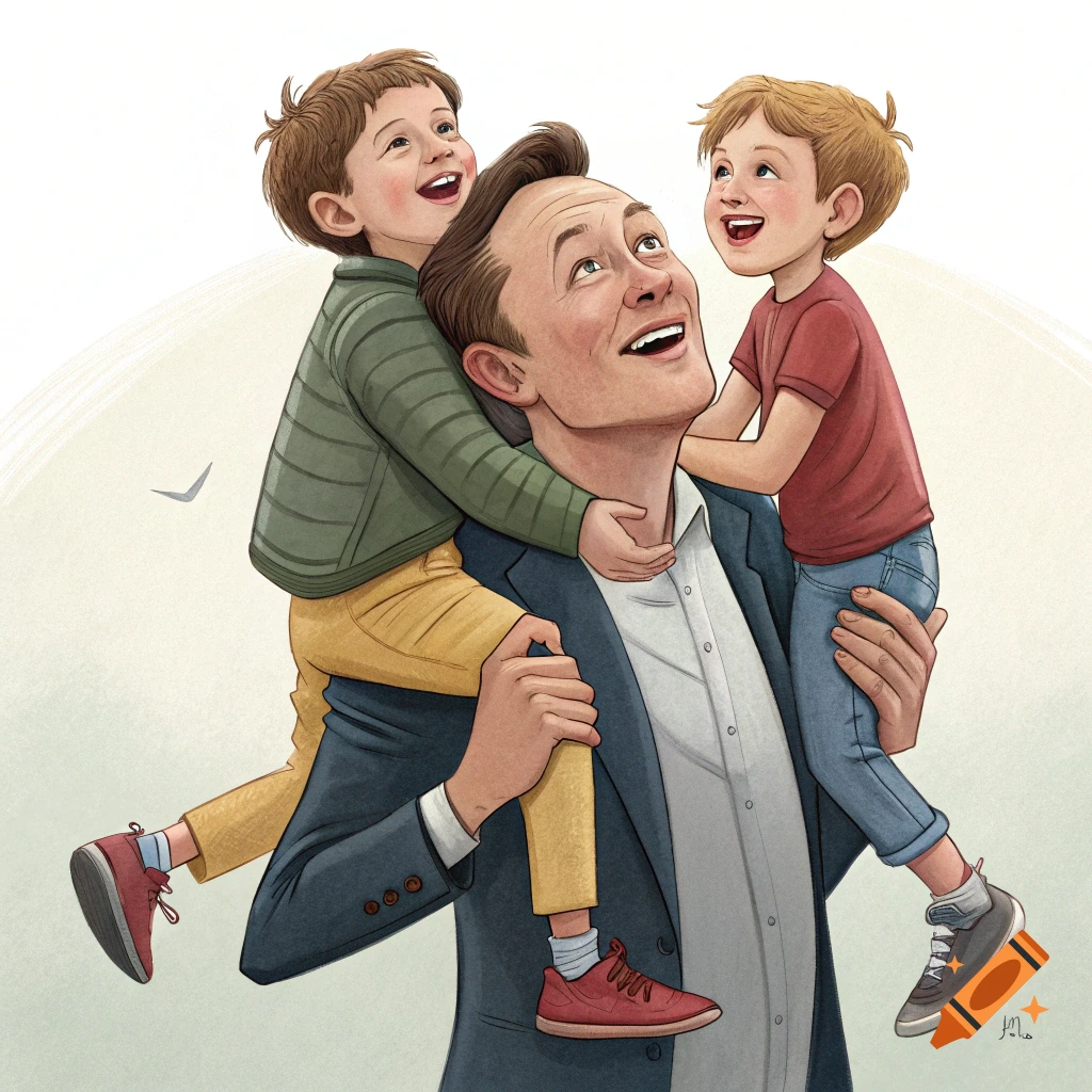 Cartoon illustration of a man with two children riding on his shoulders, looking up happily.