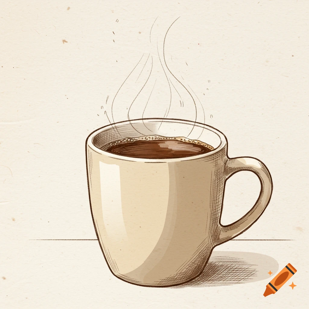 A sketch of a cup of coffee with steam rising.
