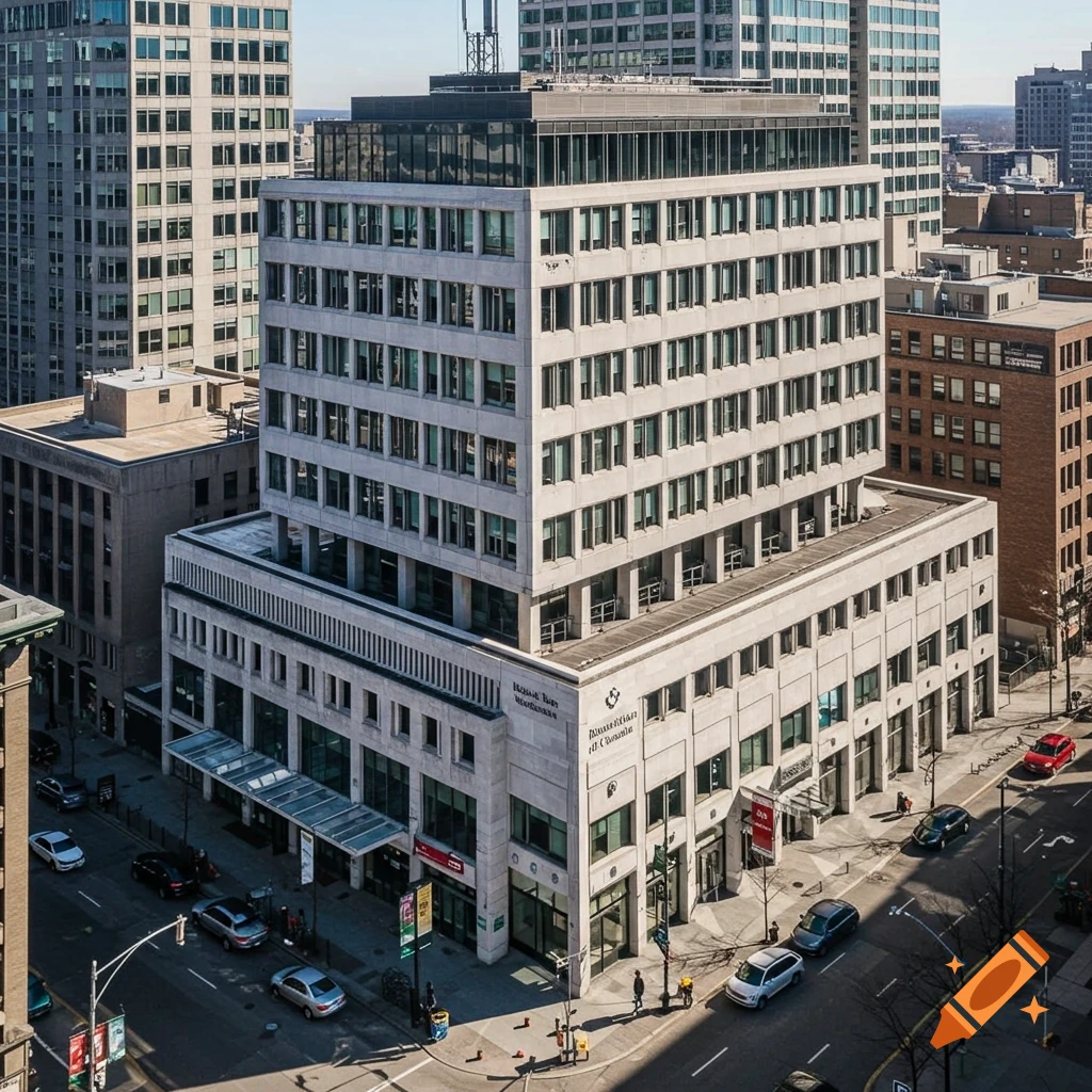 Aerial view of the National Bank of Canada building in a city.