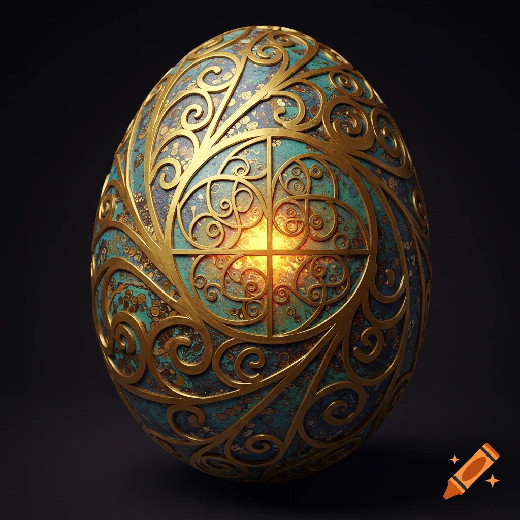 An ornate gold and teal egg decorated with Fibonacci spirals.