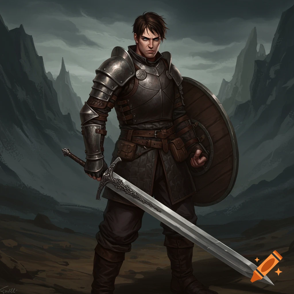 A male warrior in dark armor holding a sword and shield in a rocky landscape.