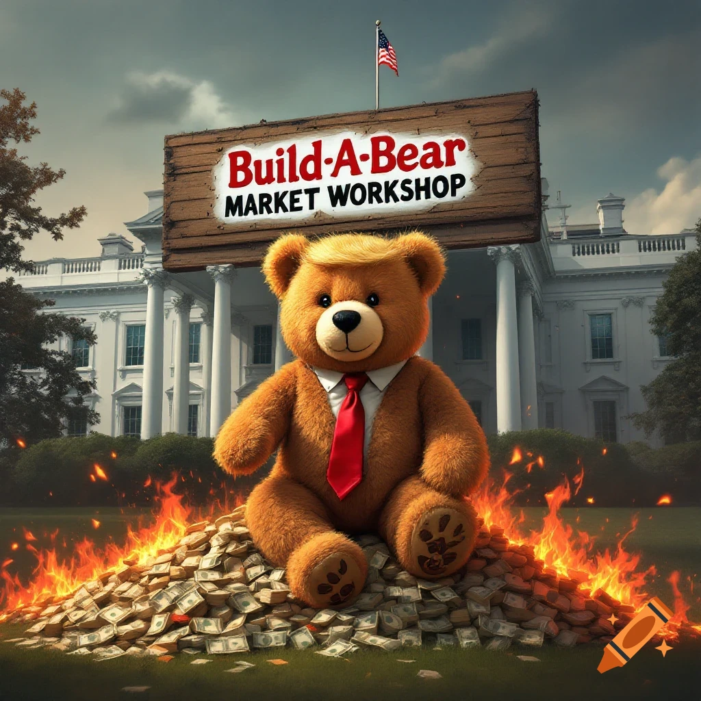 A teddy bear resembling Donald Trump sits on burning money piles in front of the White House with a sign saying 'Build-A-Bear Market Workshop'.