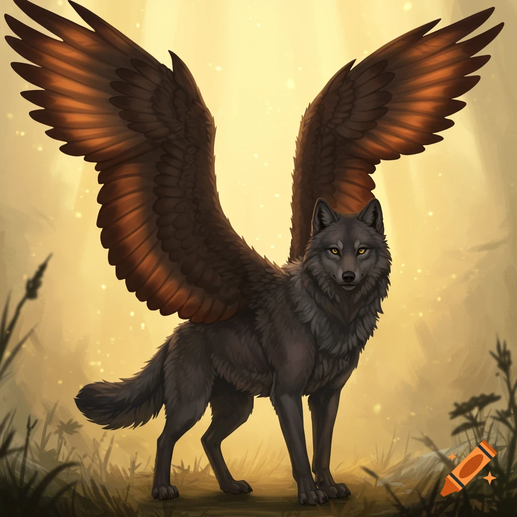 A winged wolf stands in a field at sunset.
