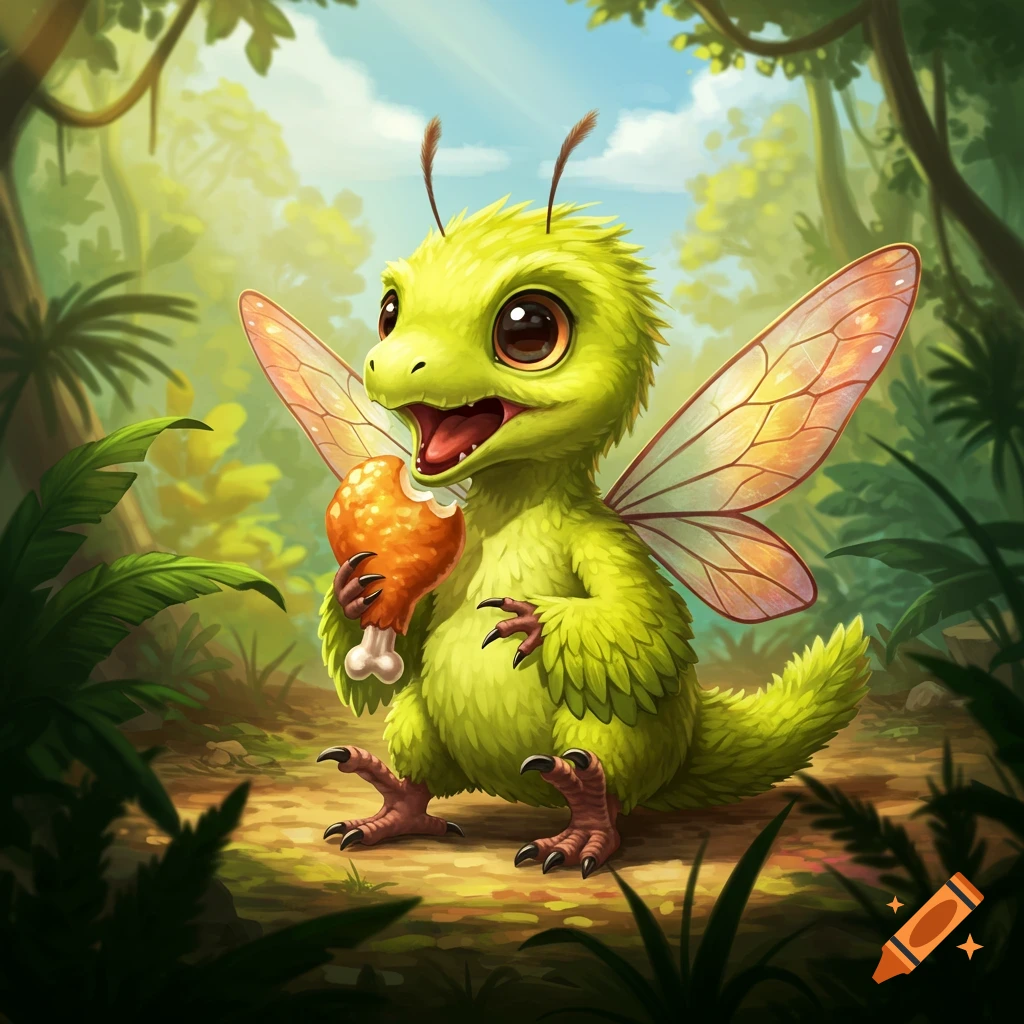 A cute green winged creature holds a chicken leg in a forest.