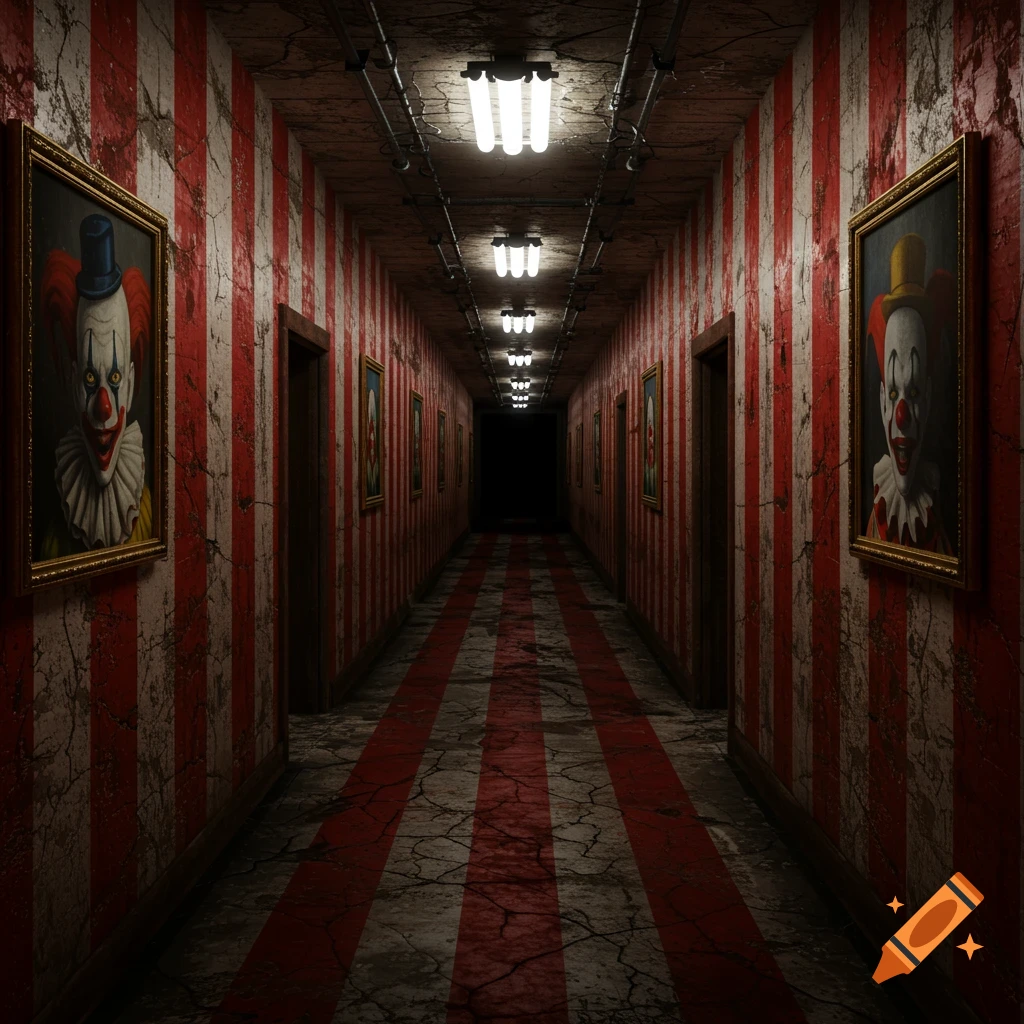 Creepy circus hallway with red and white stripes, flickering lights, a dark end, and distorted clown portraits.